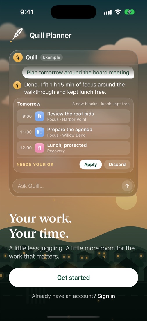 Quill planning tomorrow around a board meeting, with blocks waiting for approval
