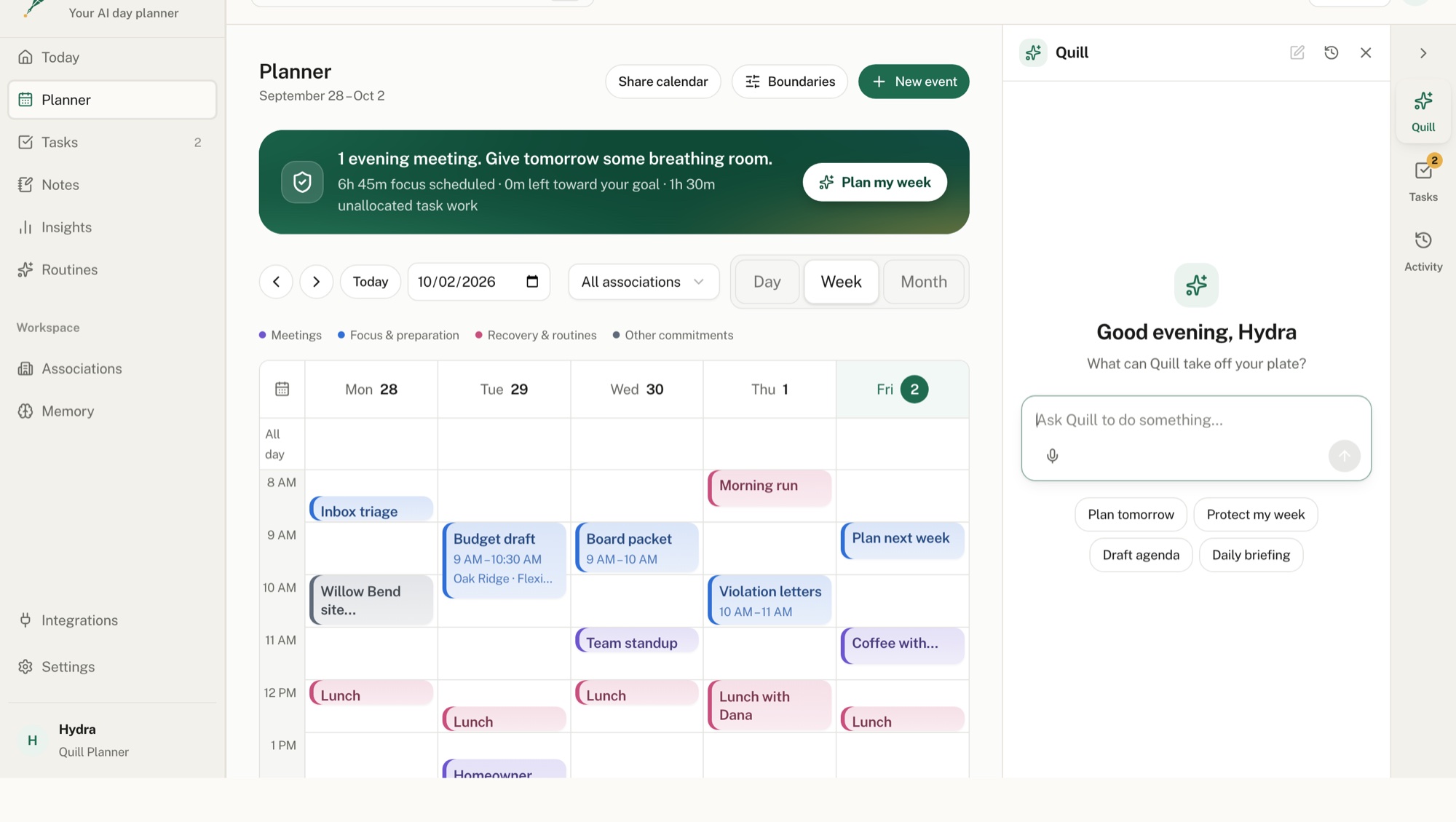 Quill Planner on the web: a week of meetings, focus blocks and lunch, with Quill ready to help